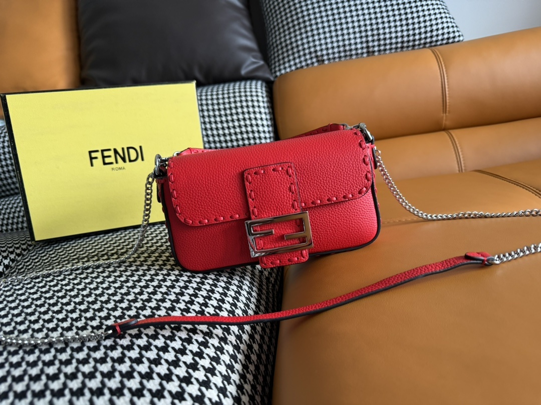 Fendi Baguette Mini Brown FF jacquard fabric bag Red
