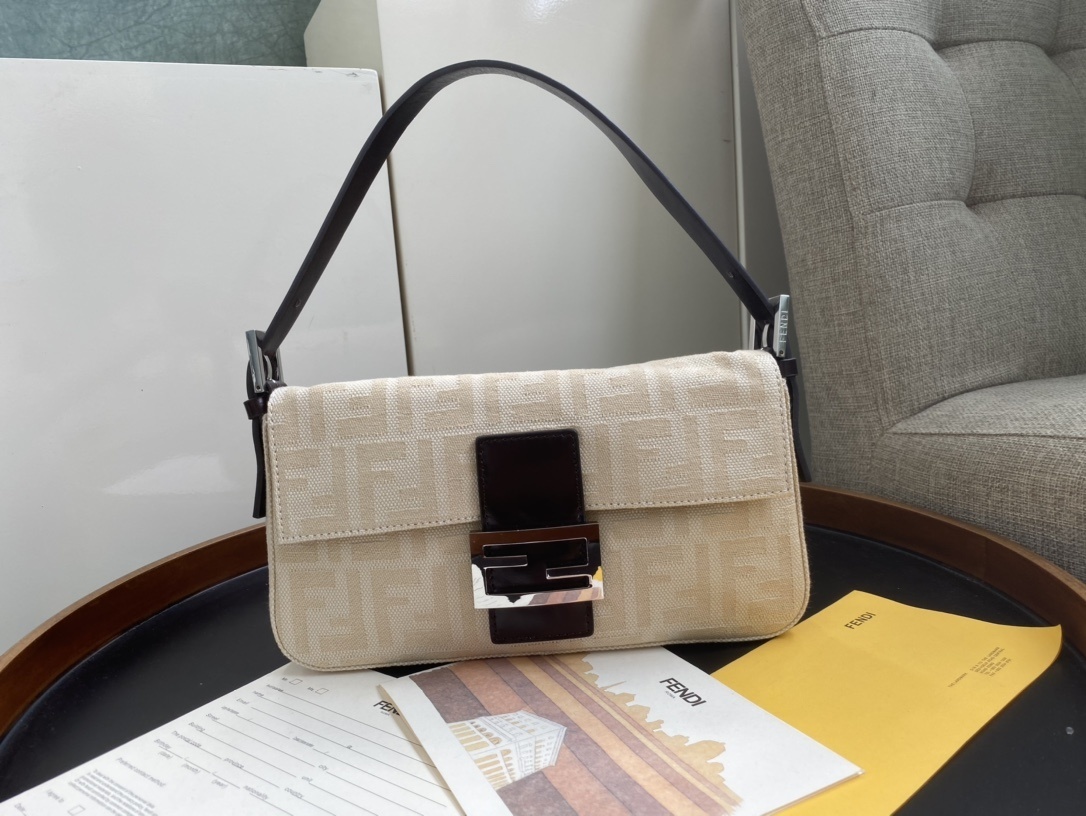 Fendi Canvas Leather Baguette Shoulder Bag Beige