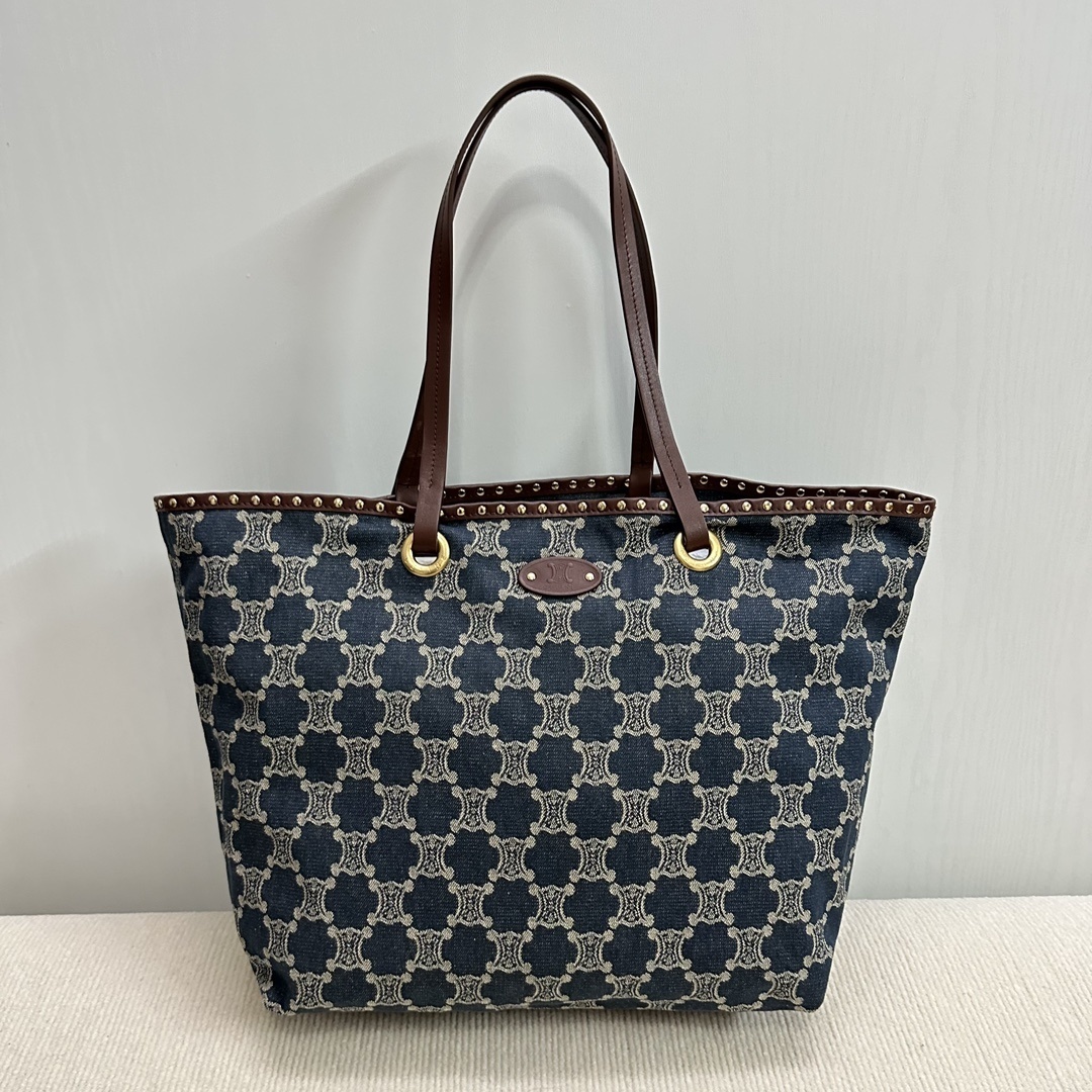 Celine Denim Triomphe Monogram Studded Tote Bag