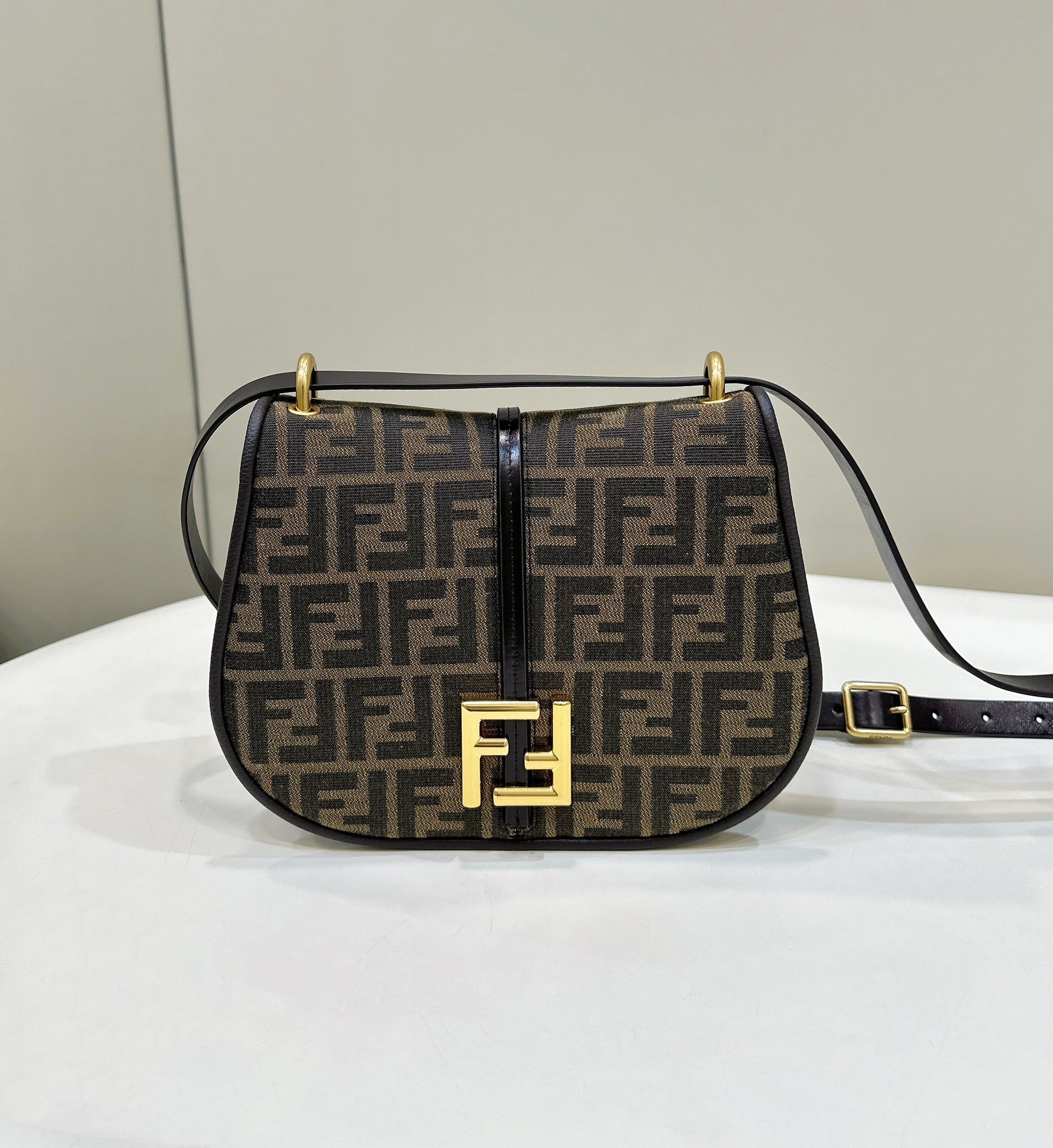 Fendi Brown FF jacquard fabric and leather bag