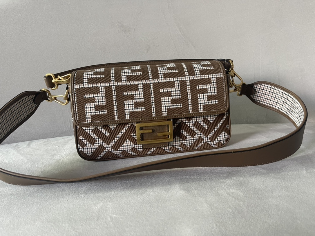 Fendi Brown Jacquard Baguette Shoulder Bag