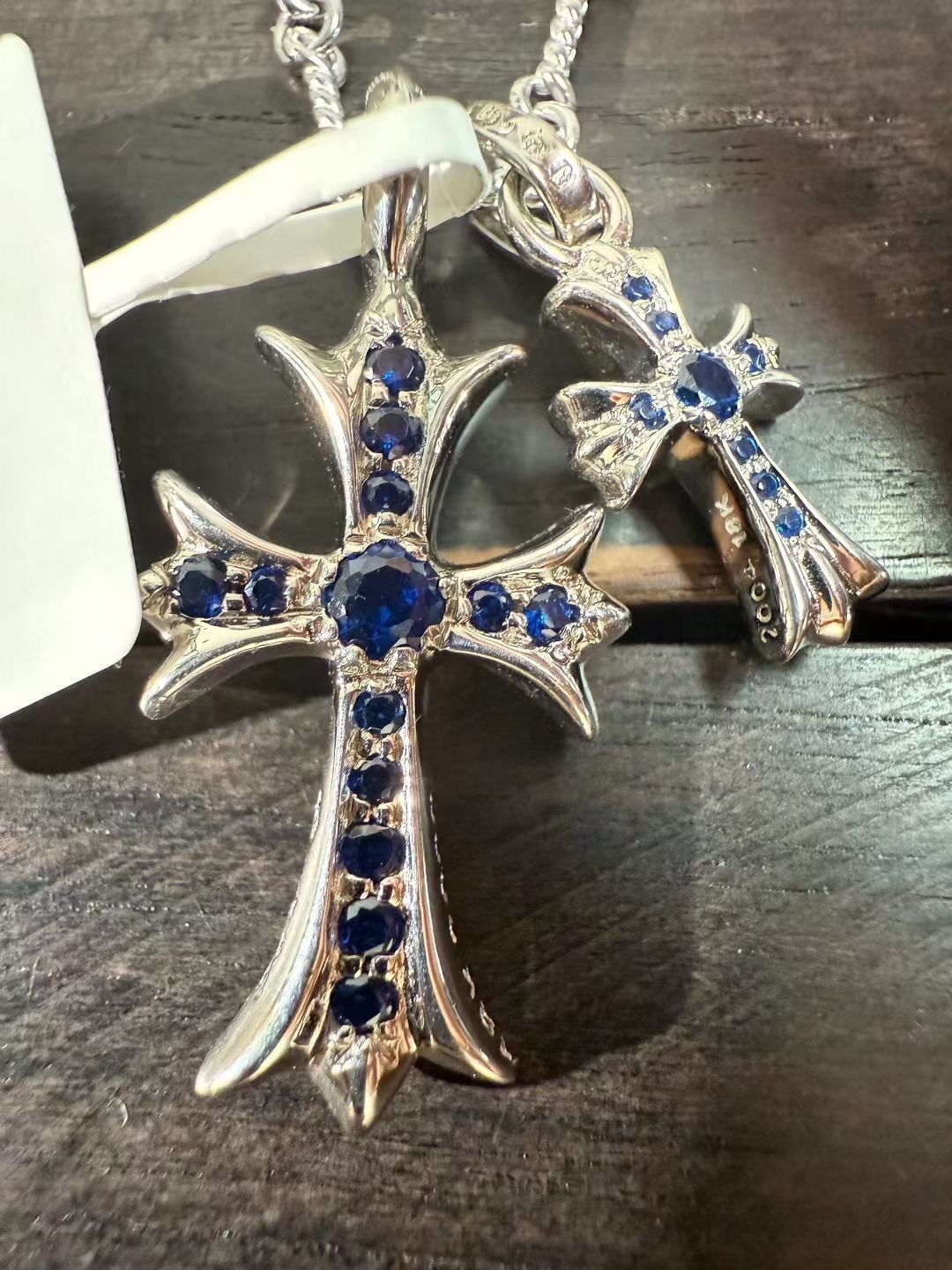 Chrome hearts Krozin 22k Double Cross Pearl necklace Custom order 18k white blue diamond double cross necklace Handcrafted with gemstones