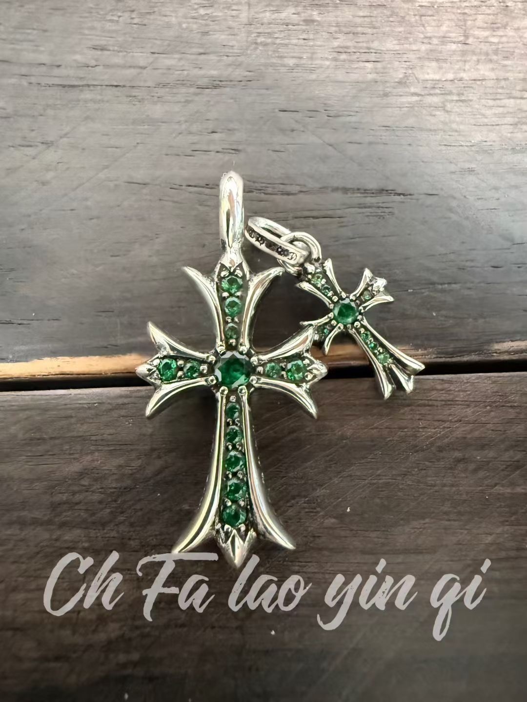 Chrome heartsSilver Emerald Double Cross Necklace Engraved and Antique Finish ZP