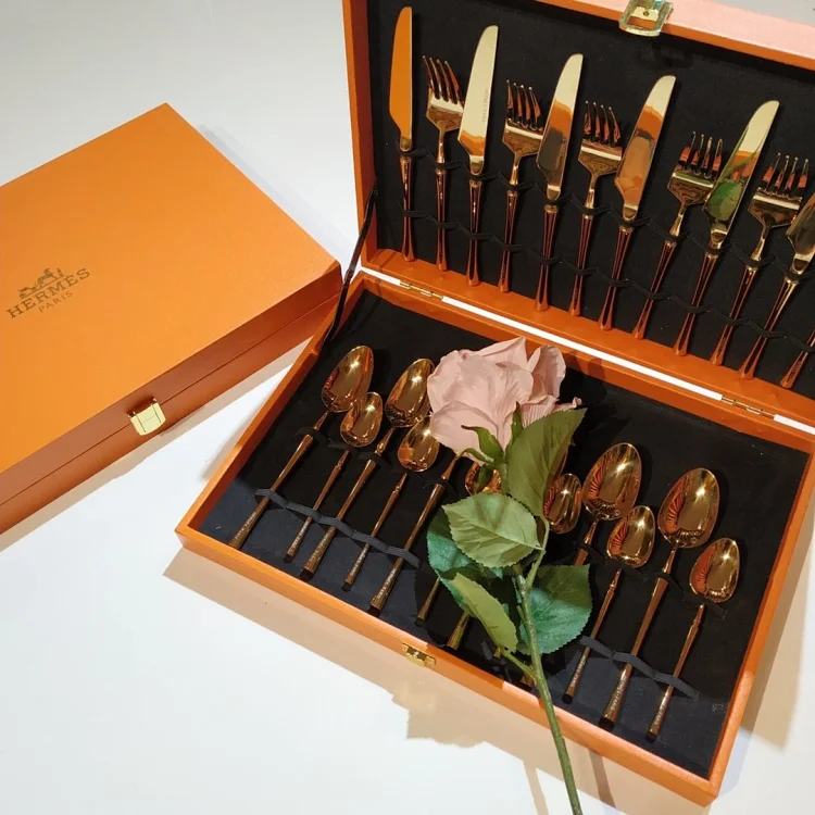 Hermes Spoon knife and fork set 24 pcs Plated gold