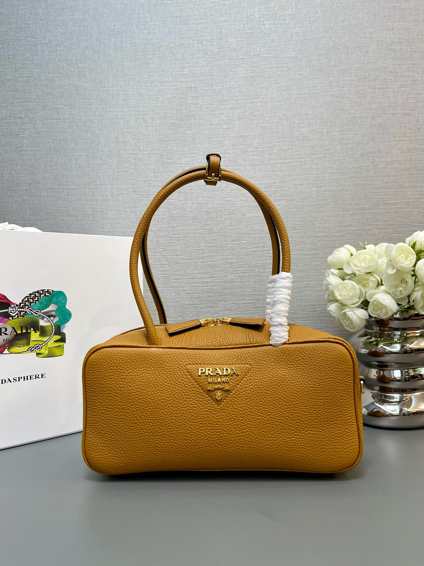 Prada Clay Grey Medium Leather Top-handle Bag