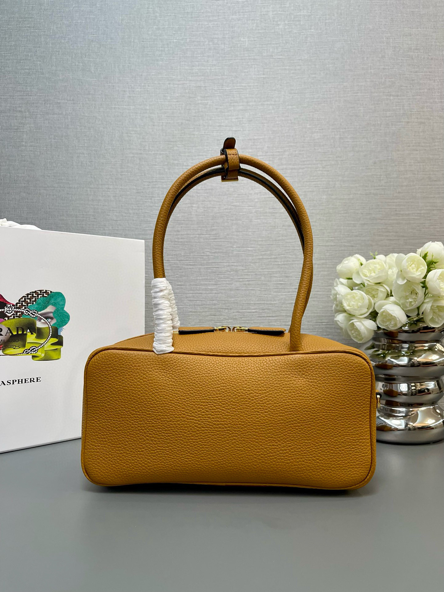 Prada Clay Grey Medium Leather Top-handle Bag