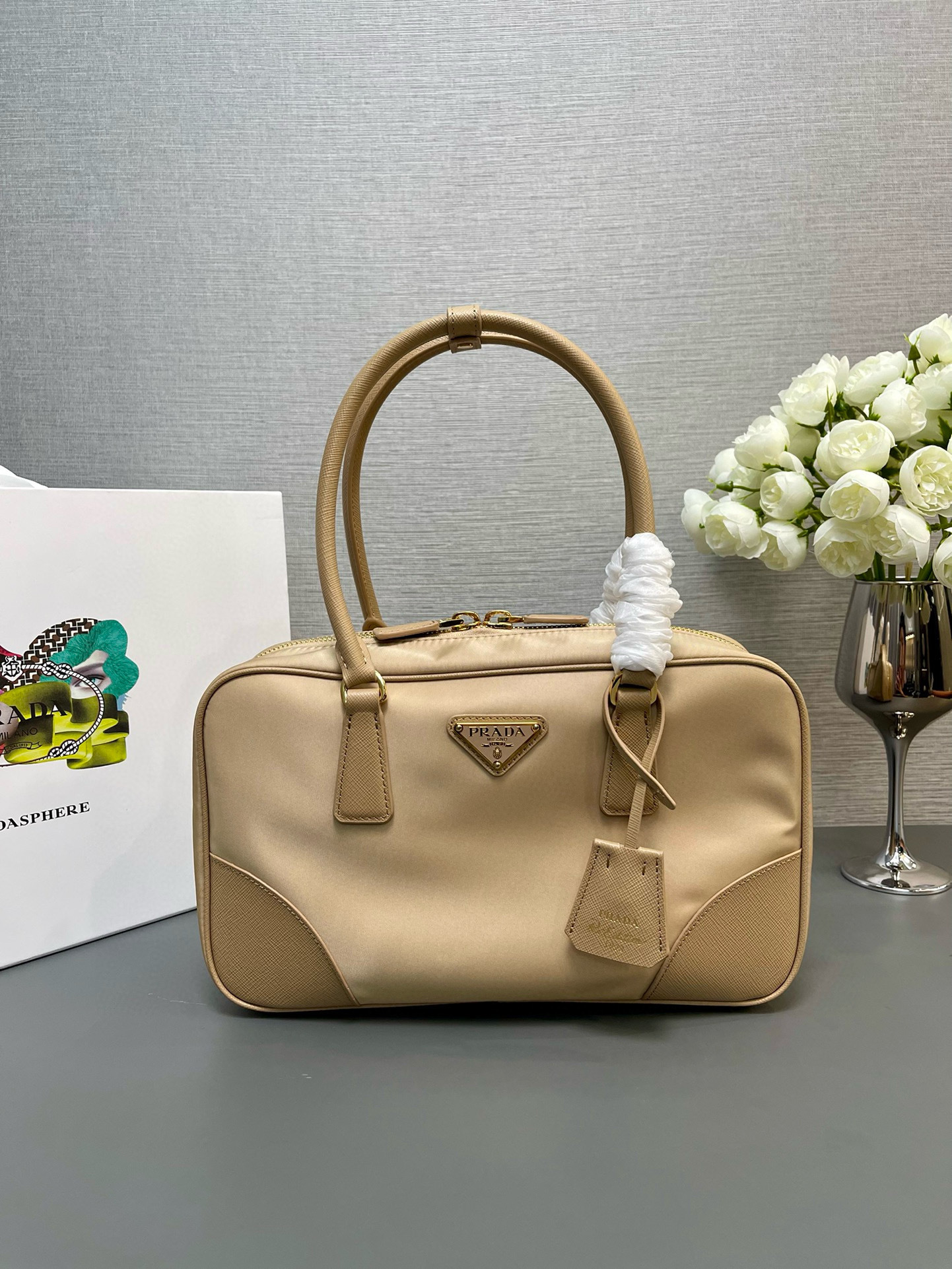 Prada Beige Saffiano Leather and Nylon Re-Edition 1978 Two Handle Bag