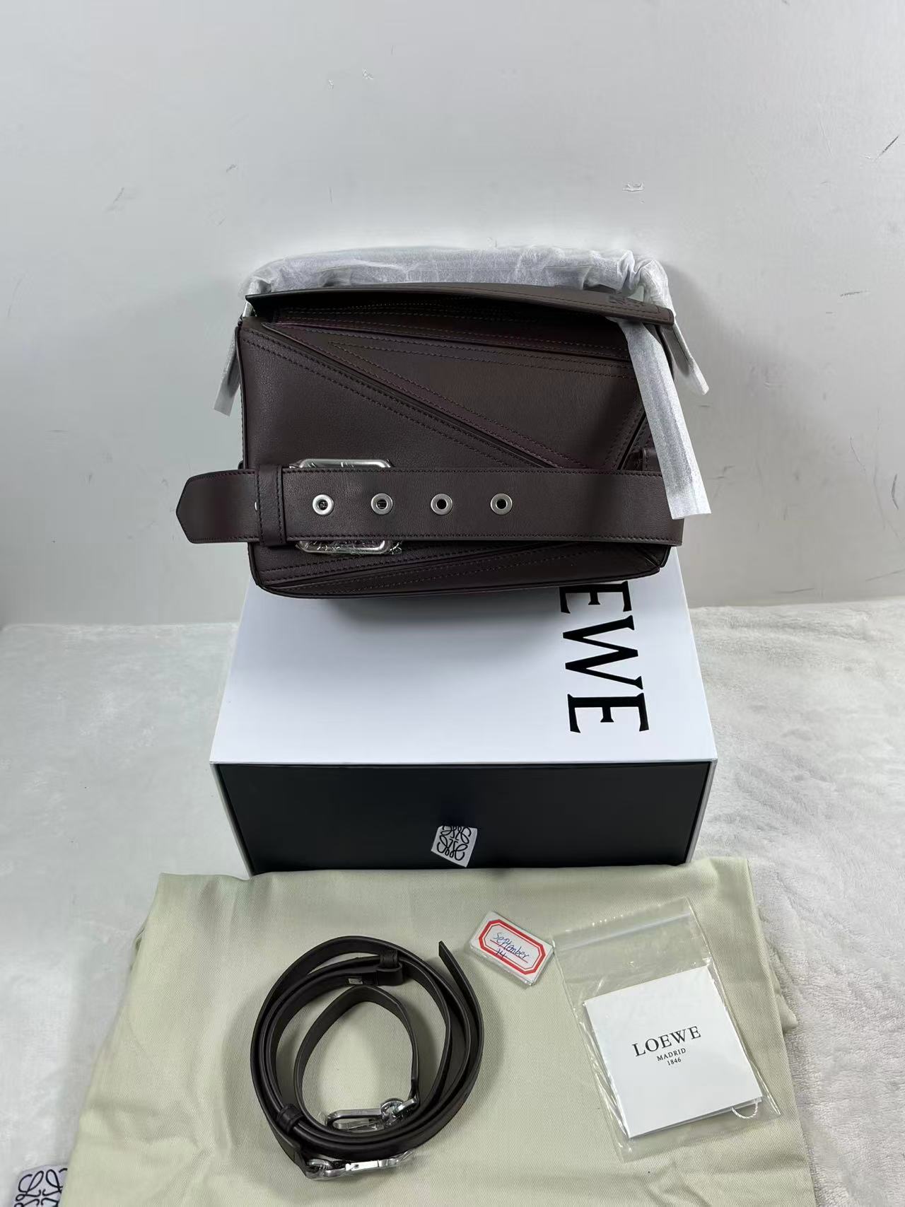 Loewe Puzzle Biker Small Belted Leather Tote Bag Dark Brown 24cm