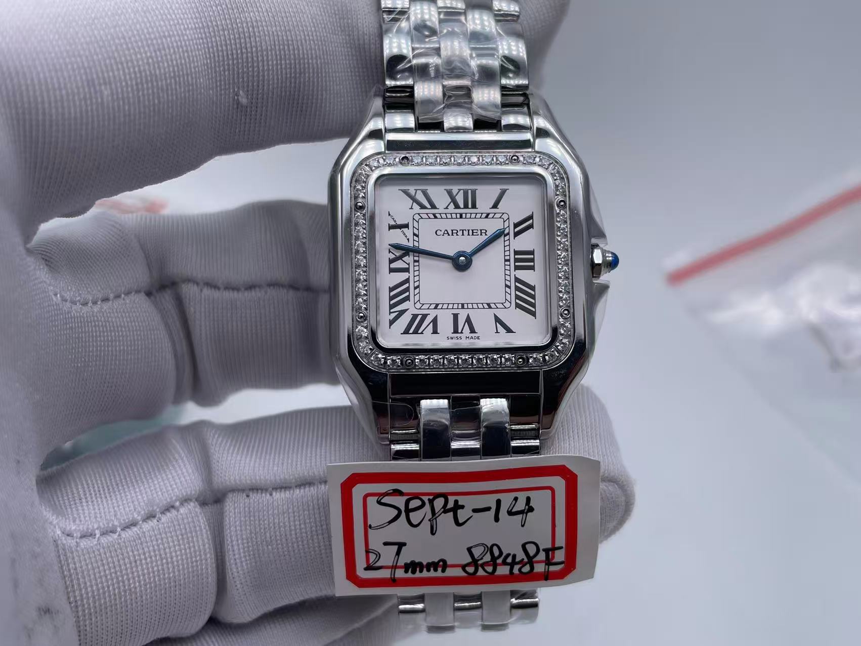 Panthère Secrete Ladies 27mm Diamond Bezel SS 8848F 1:1 Best Edition White Dial on SS Bracelet Ronda Quartz $238