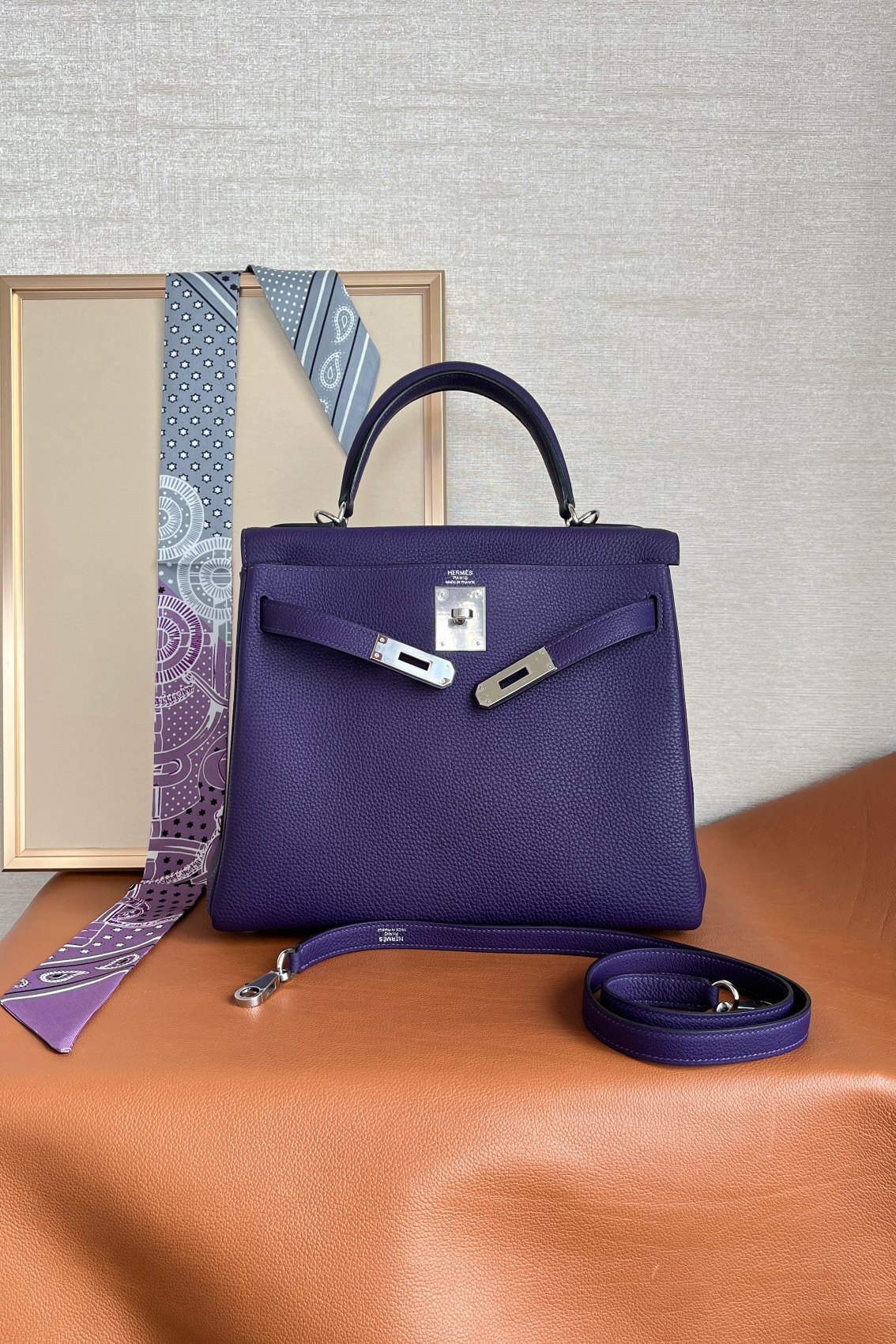 Hermes Purple Clemence Leather Palladium Hardware Kelly Retourne 35 Bag