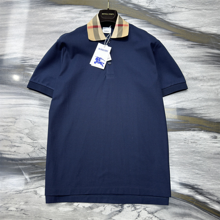 Burberry Check Collar Cotton Polo Shirt blue