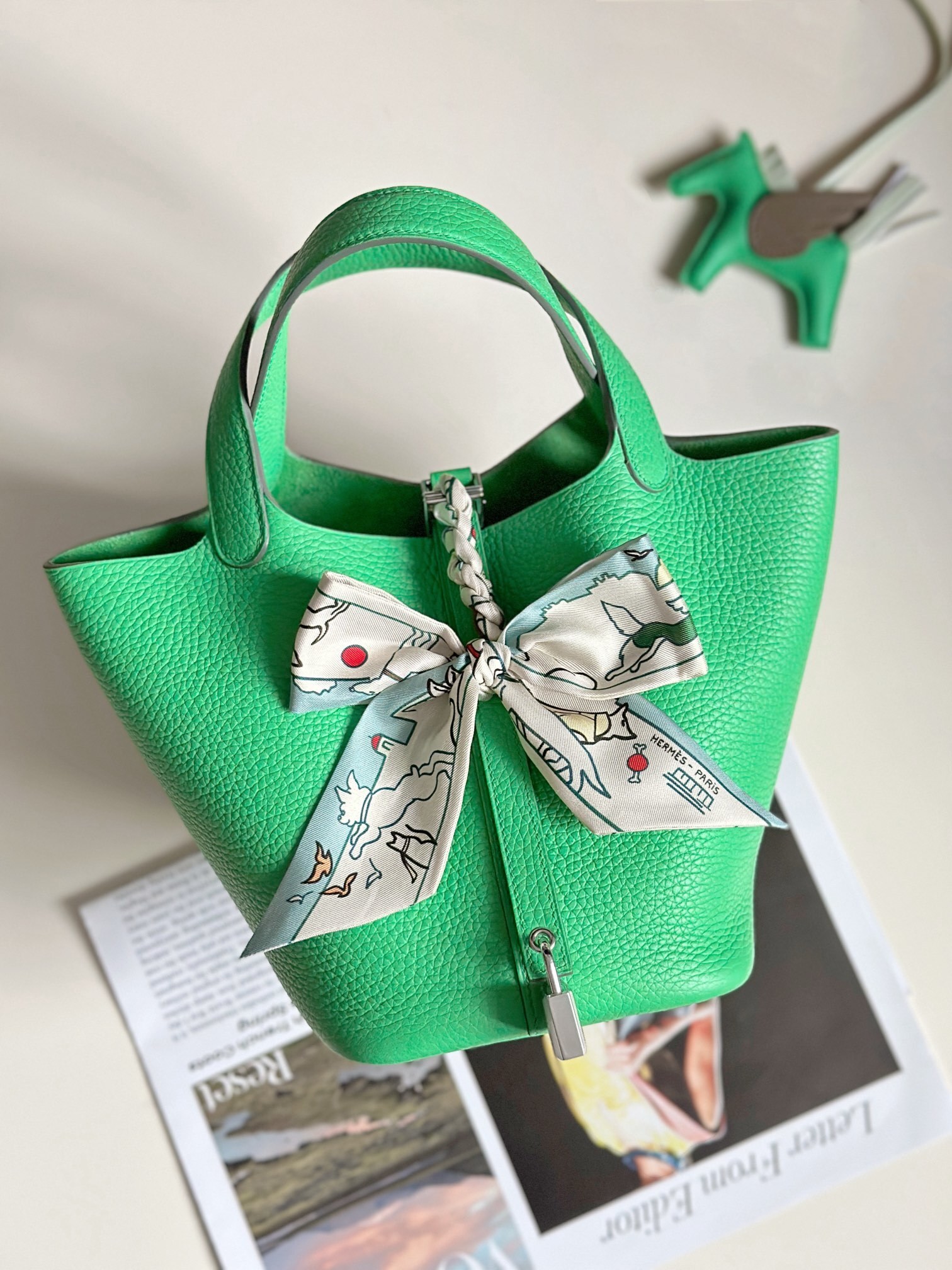 Hermes Tote Handbag Shoulder Leather Green