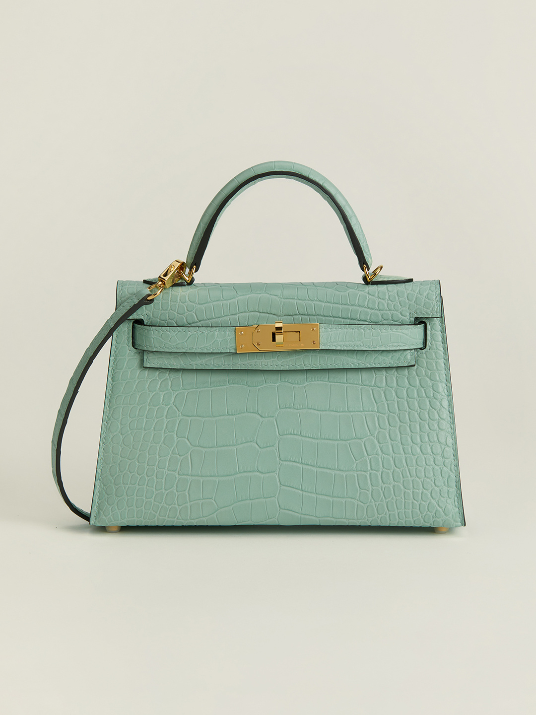 Hermes Mini Kelly 20 bag in Vert d'Eau matte alligator leather with gold hardware