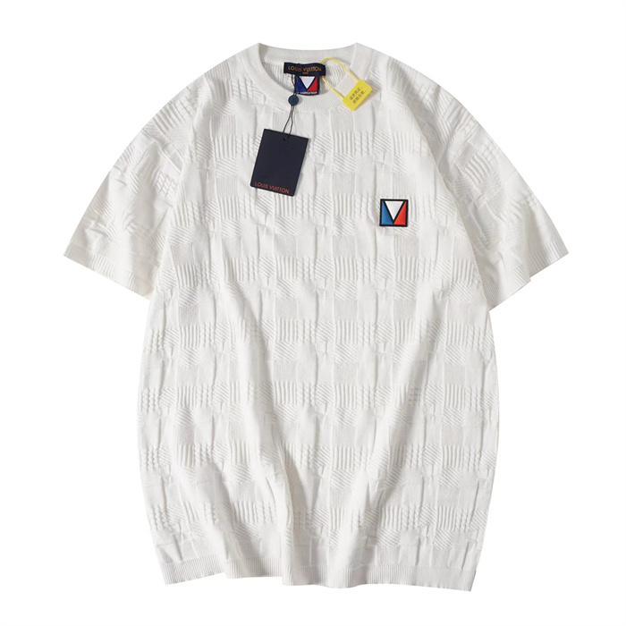 LV Damier Jacquard pattern textured knit men's T-shirt embroidered LV logo on chest white