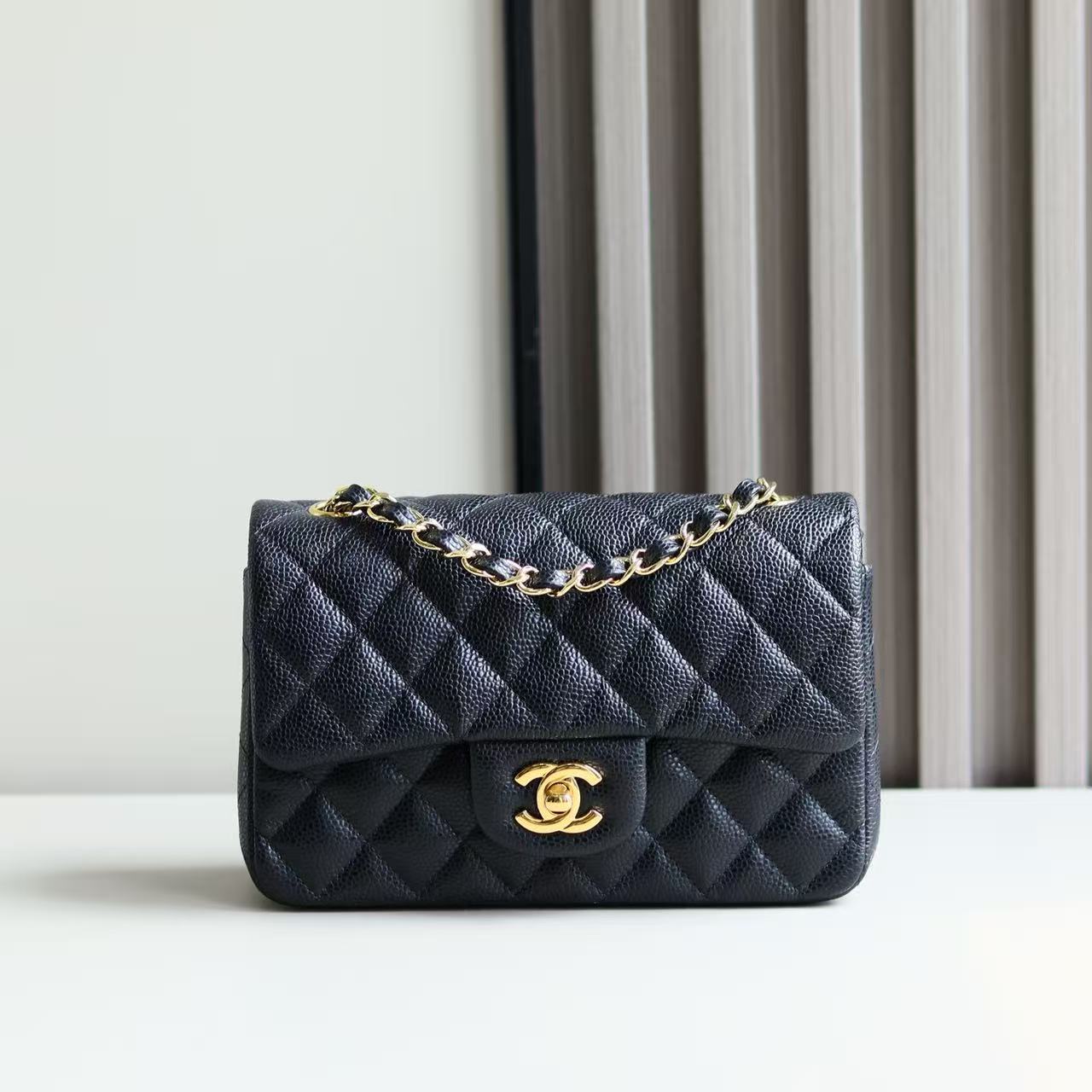 chanel Mini classic rectangle champagne gold hardware black