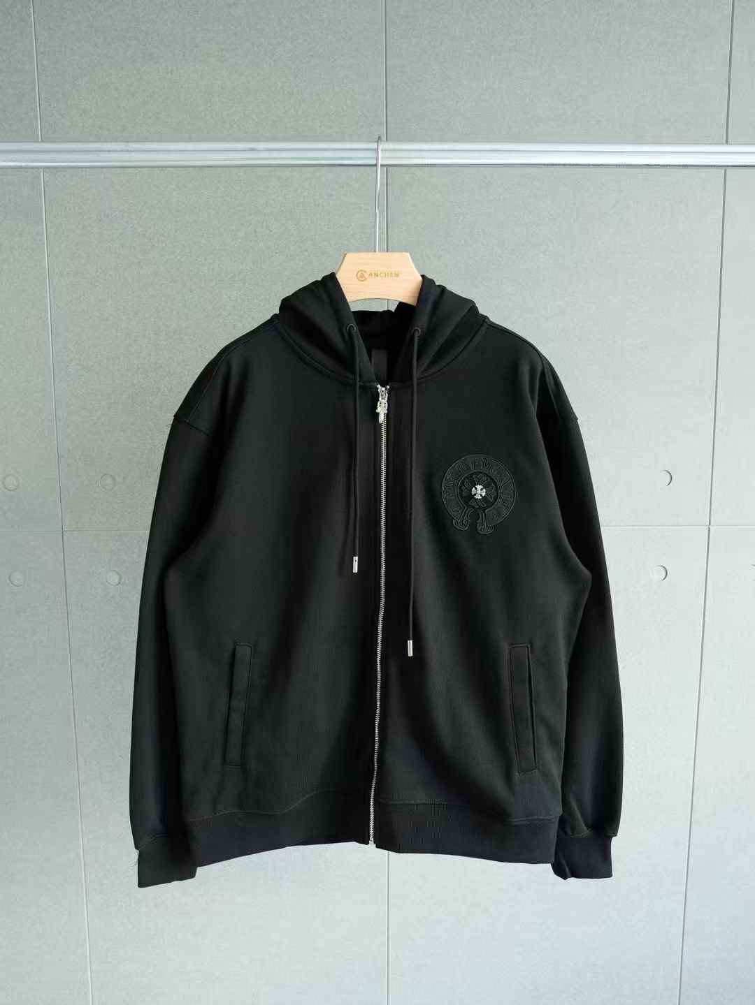 Chrome Hearts Cross Back Logo Embroidered Men Hoodie Zipped Black