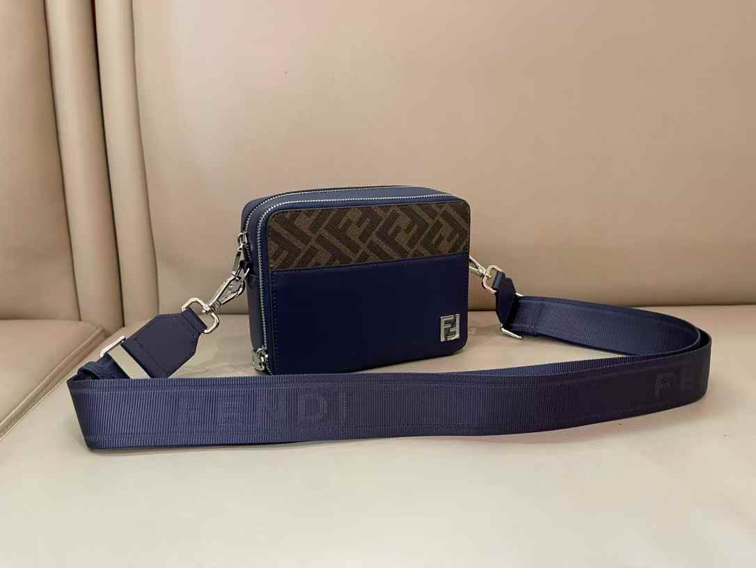 Fendi men's blue leather Organizer FF camera case crossbody bag