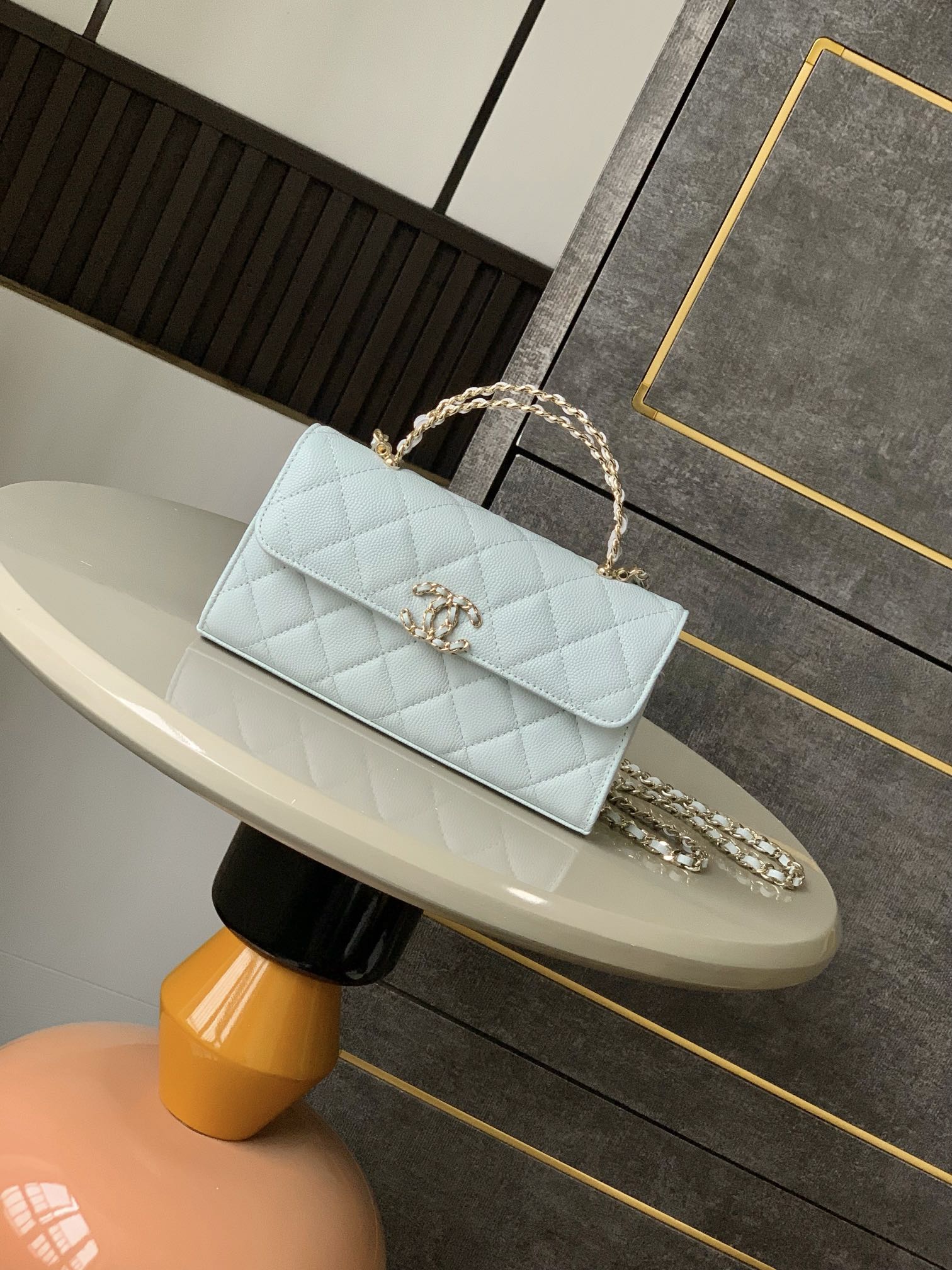 Chanel classic flap quilted top handle bag light blue interlocking CC logo closure