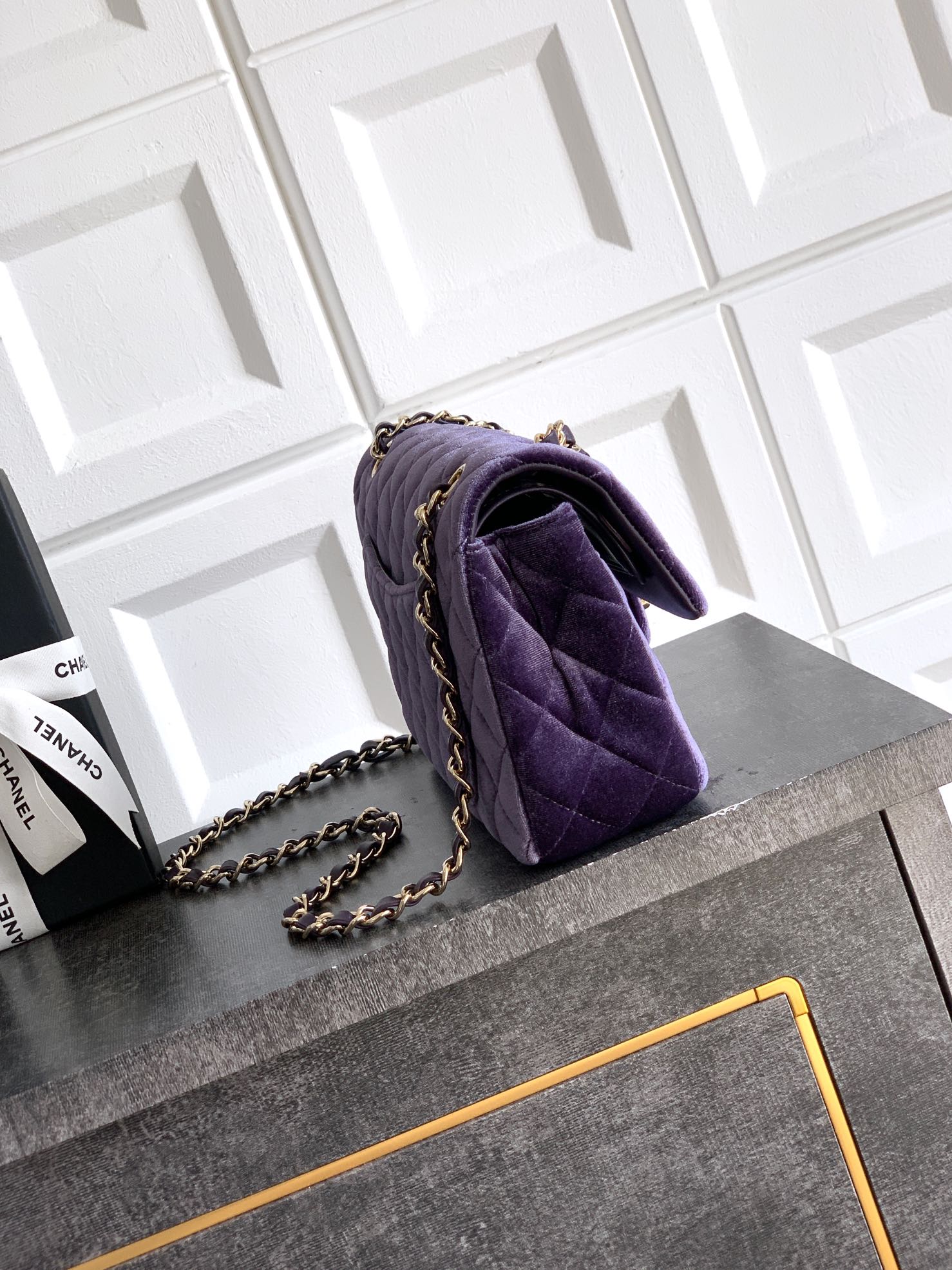 Chanel Small Classic Handbag dark brown velvet gold metal hardware