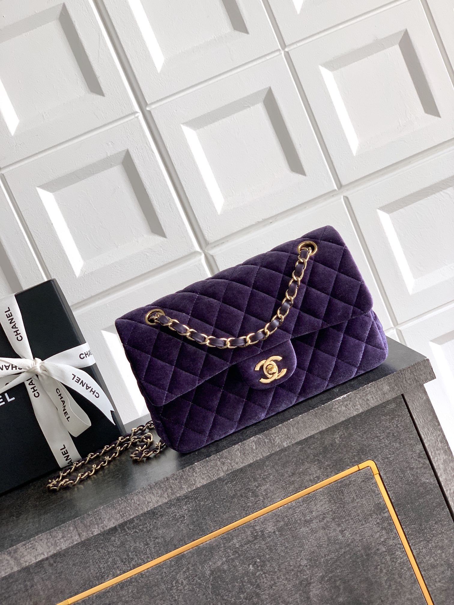Chanel Small Classic Handbag dark brown velvet gold metal hardware