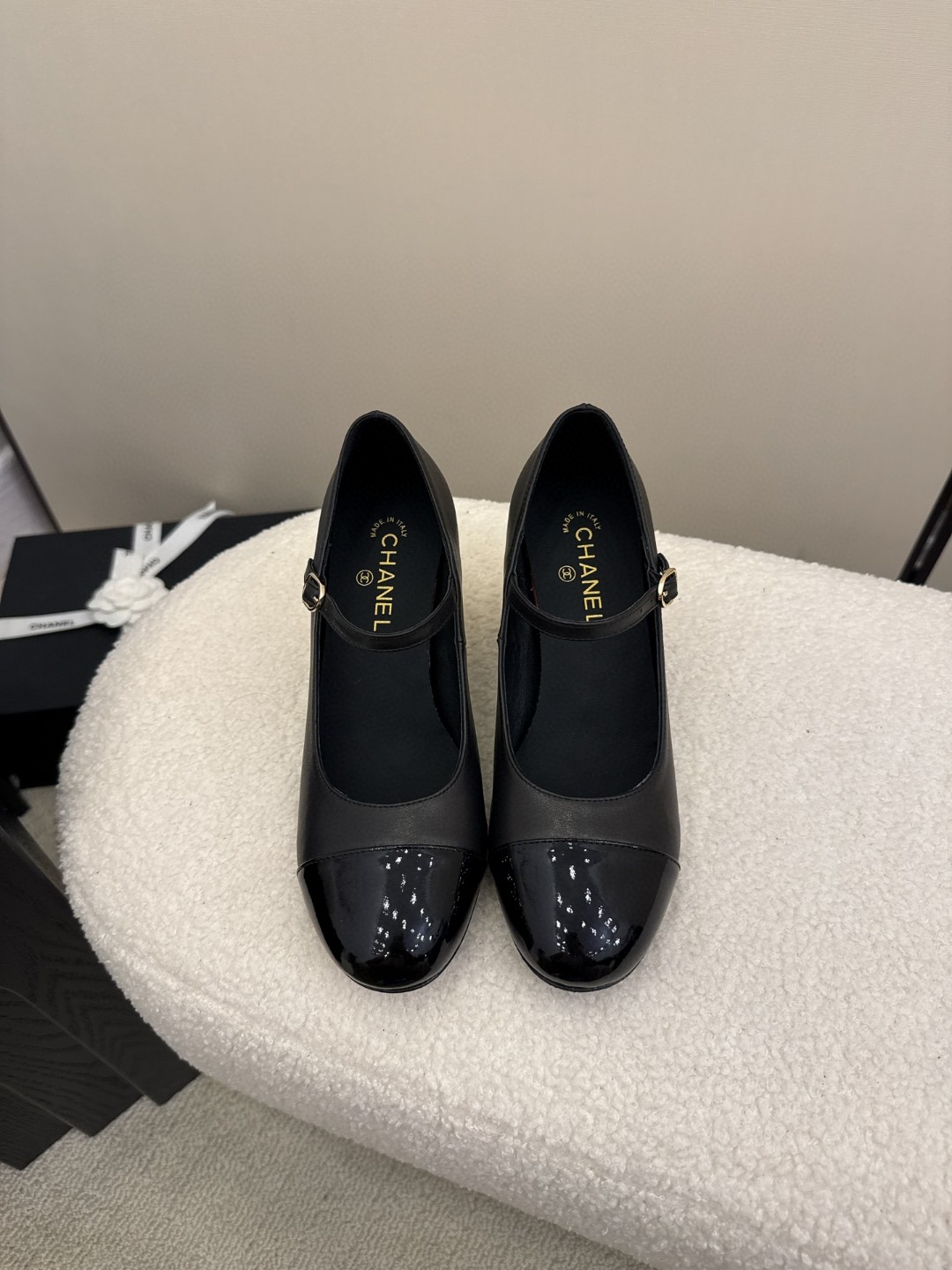 Chanel Black Mary Janes Lambskin, Patent Calfskin & CC Imitation Pearls Pumps