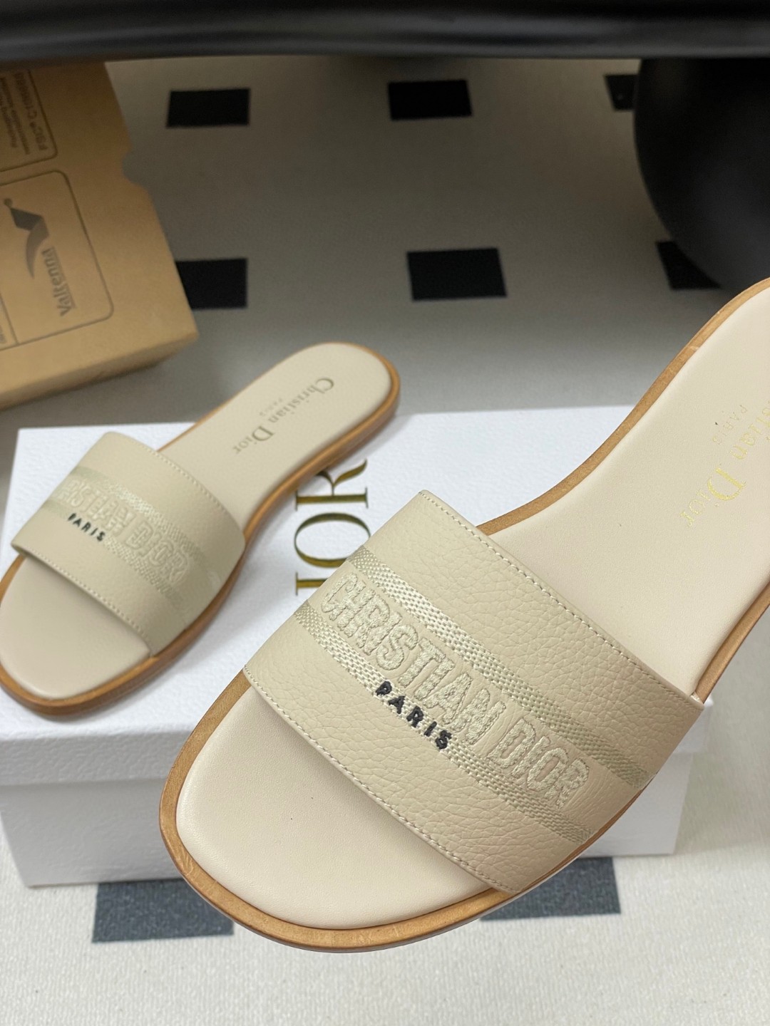 Dior Dway Slide in powder beige grained calfskin