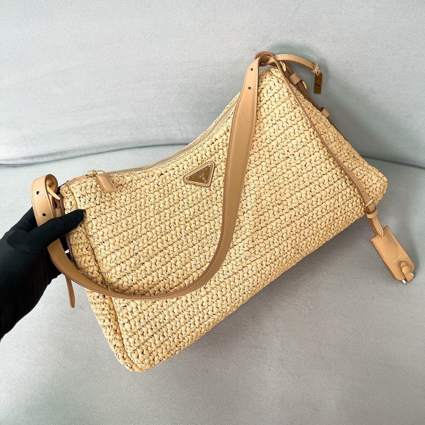 Prada Natural Aimee large crochet and leather bag