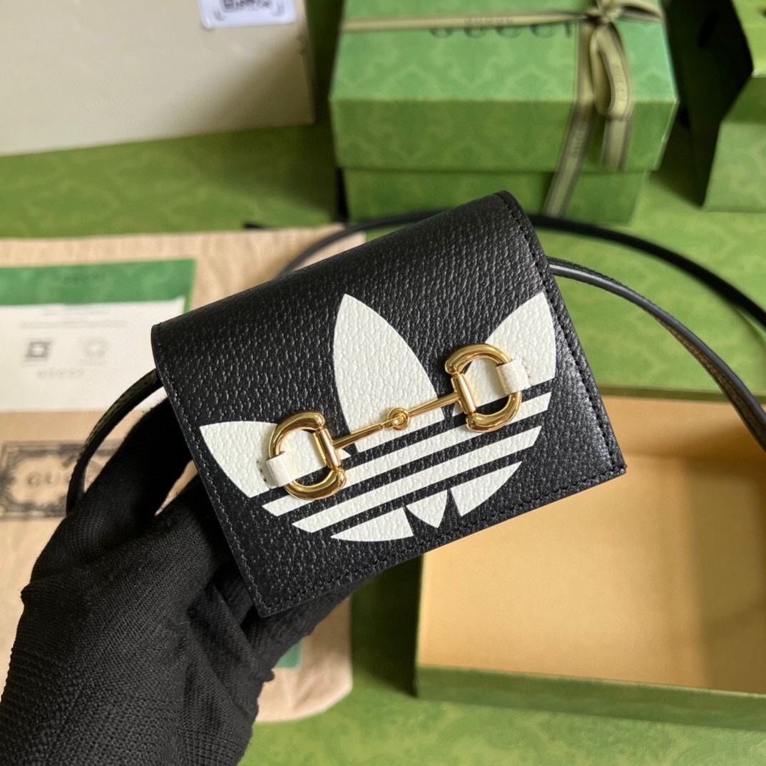 Gucci x Adidas Textured Dollar Calfskin Card Case Wallet with Strap
