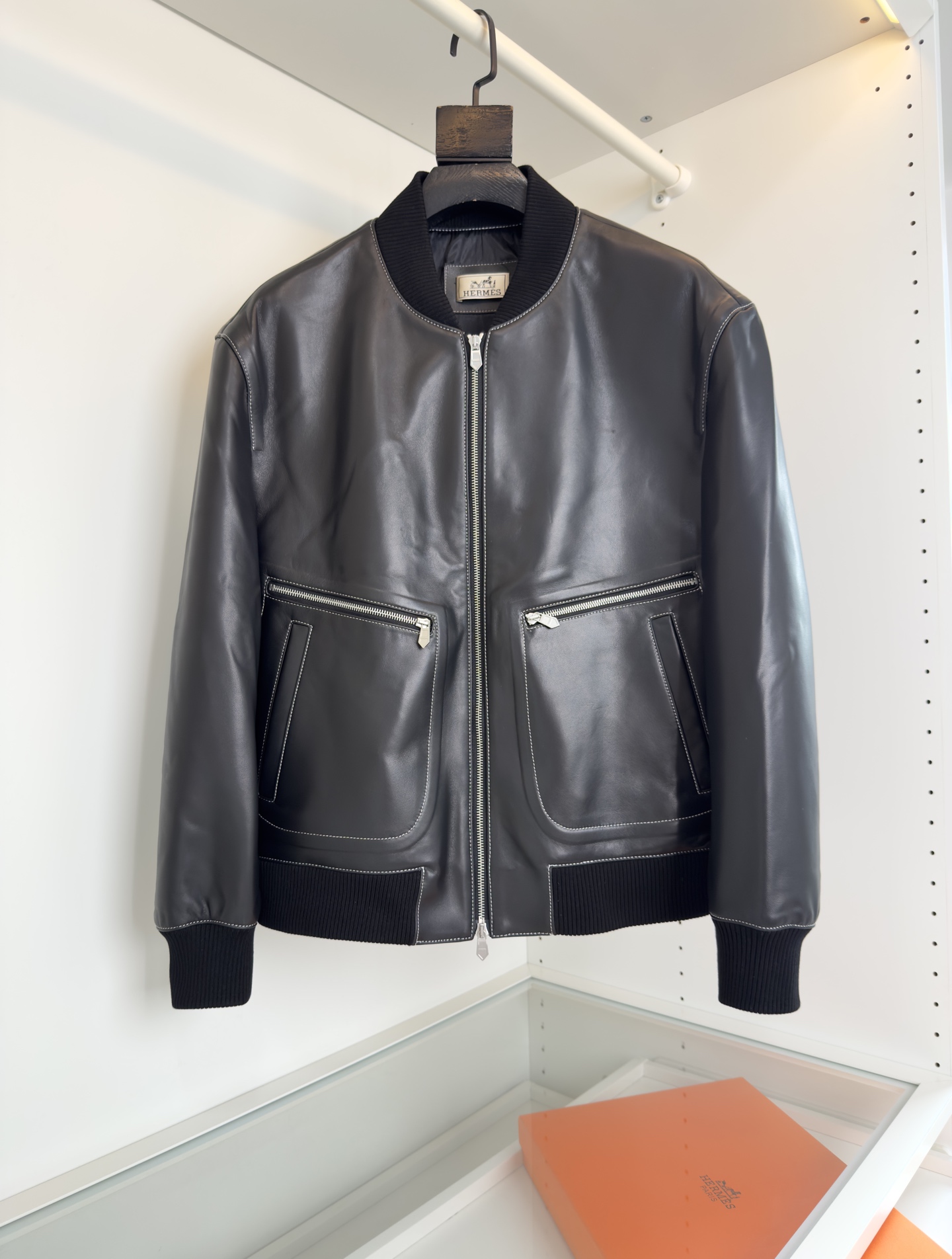 Hermes Black Leather Bomber Jacket