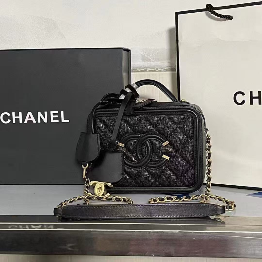 Chanel CC Filigree Small Black Quilted Caviar Leather Vanity Case Bag