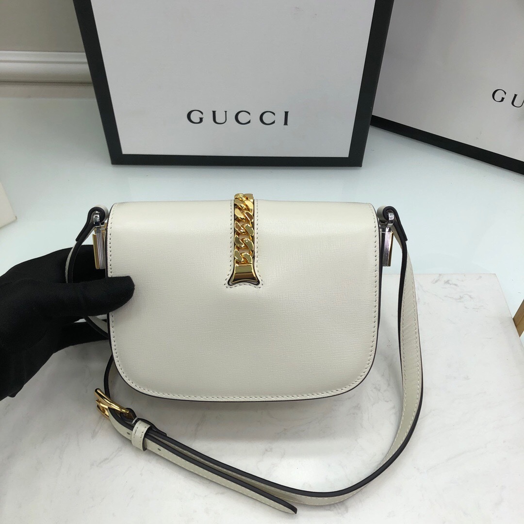 Gucci Sylvie 1969 Mini Shoulder Bag in white calfskin leather.