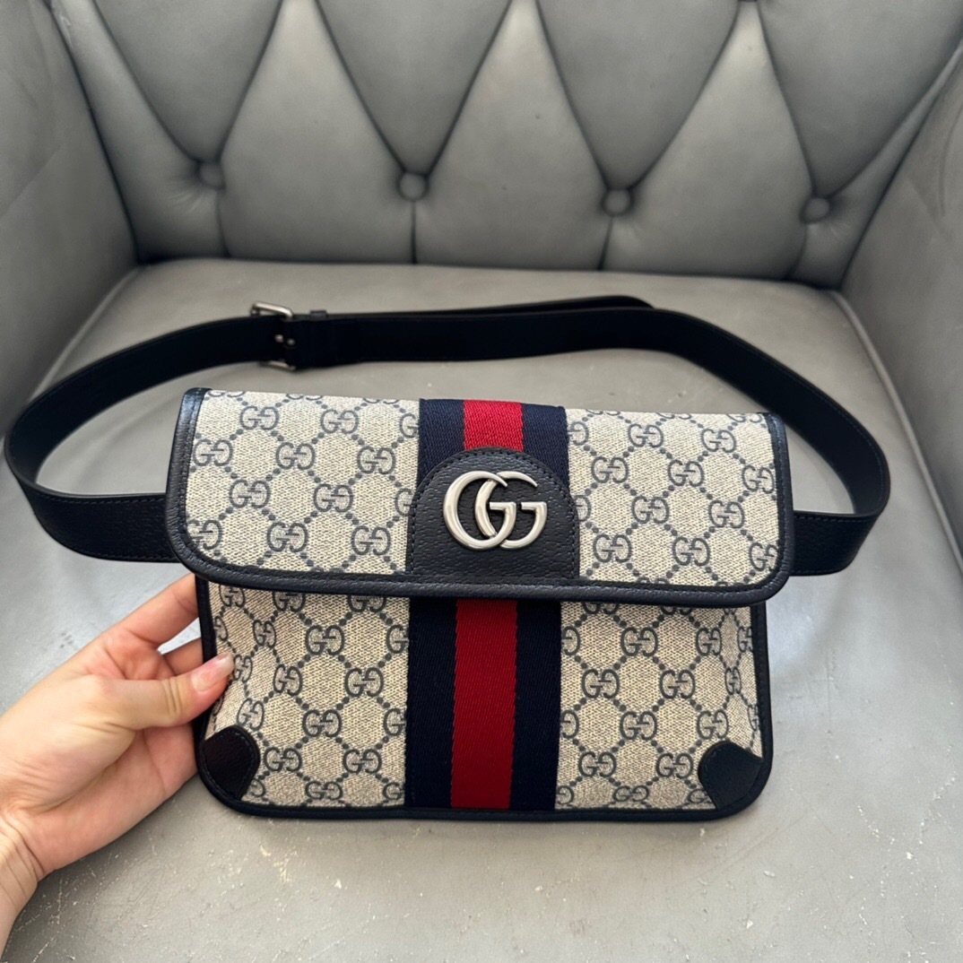 Gucci Ophidia Small Belt Bag in GG Supreme canvas with navy leather trim