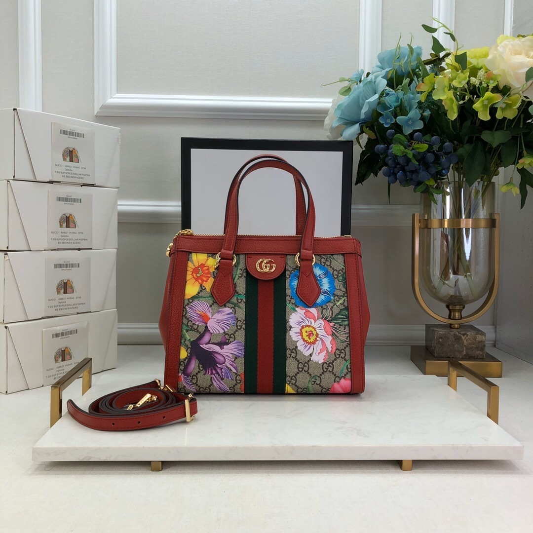 Gucci Ophidia GG Supreme Flora Small Tote Bag with red leather trim
