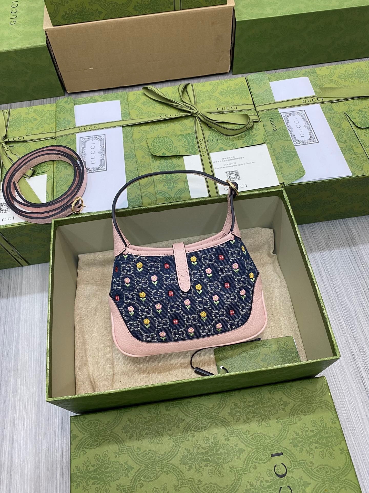 Gucci Small GG Embroidered Denim Floral Jackie 1961 crossbody bag