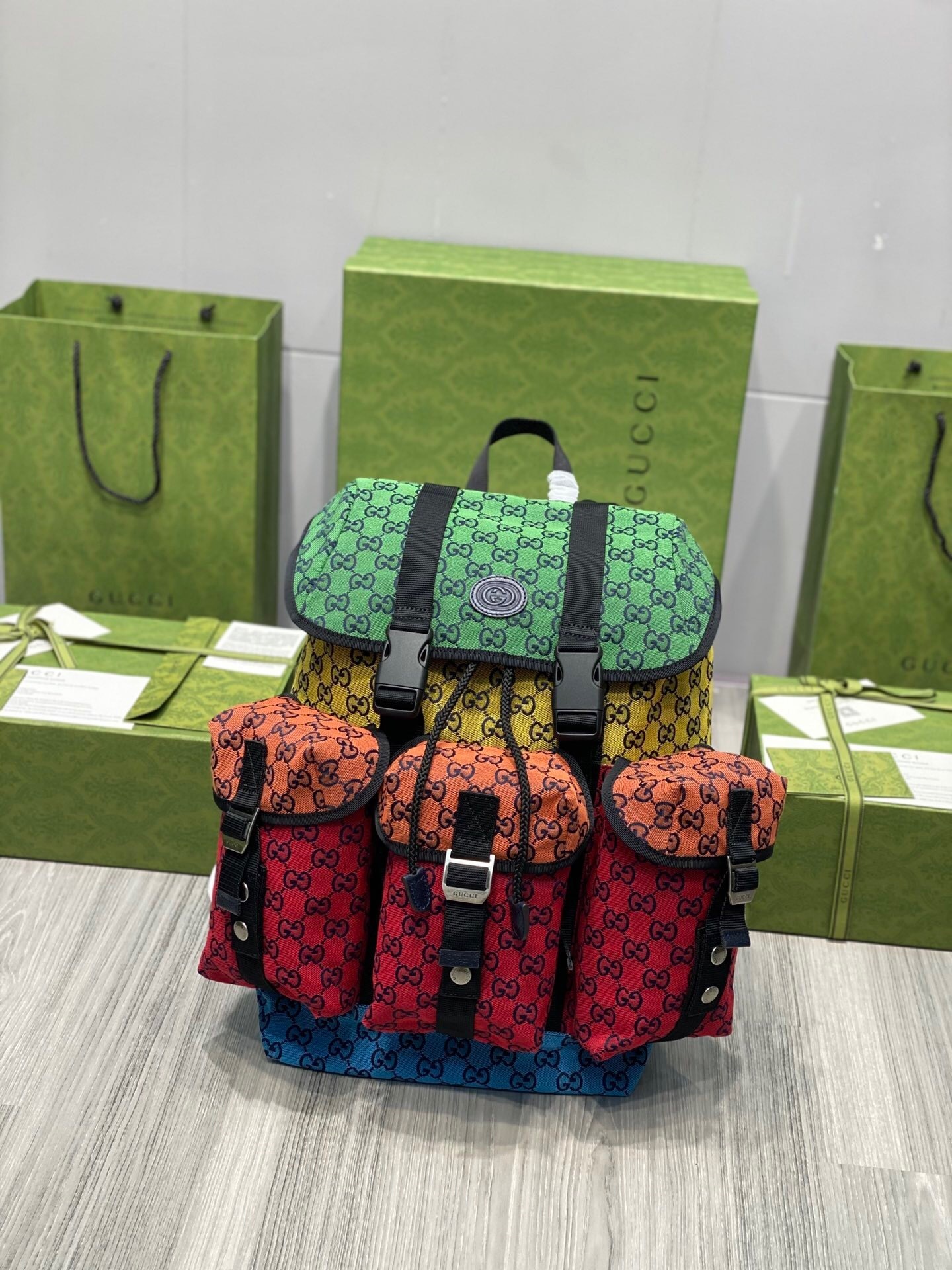 Gucci Monogram Multicolor Retro Interlocking G Utility Pocket Backpack