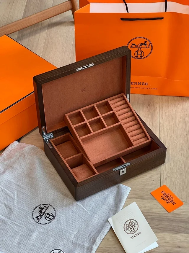 Hermes leather and solid wood watch and Jewelry storage box