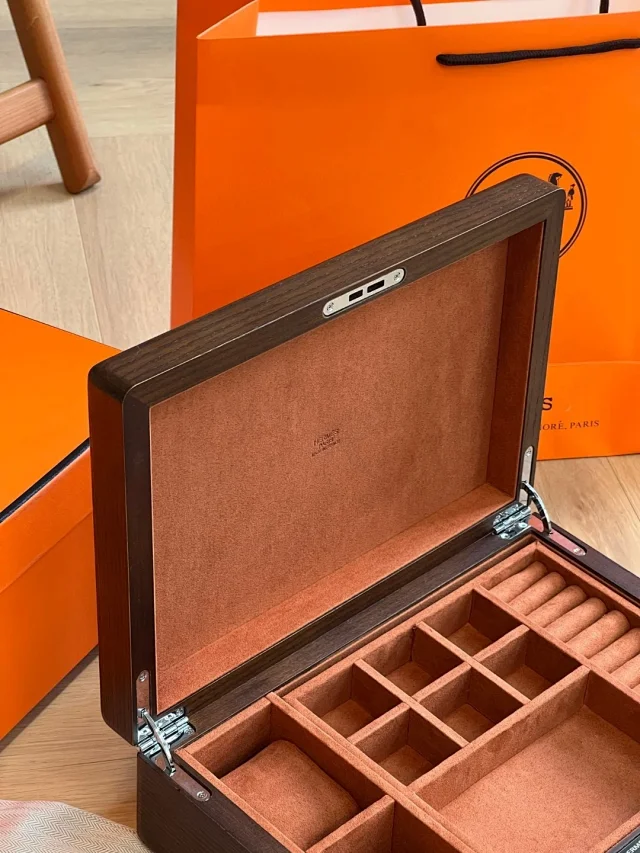 Hermes leather and solid wood watch and Jewelry storage box