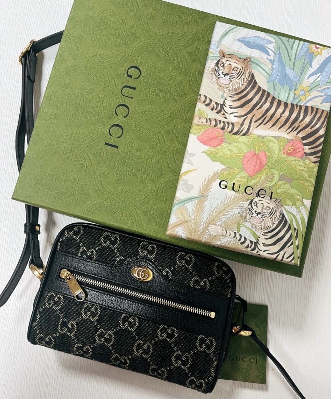 Gucci Ophidia GG logo denim leather camera bag