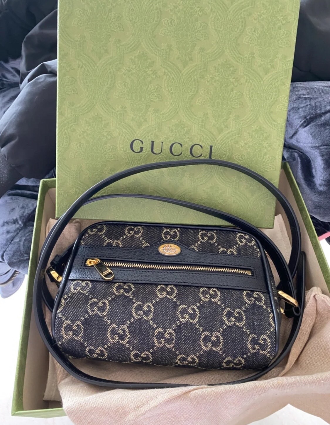 Gucci Ophidia GG logo denim leather camera bag