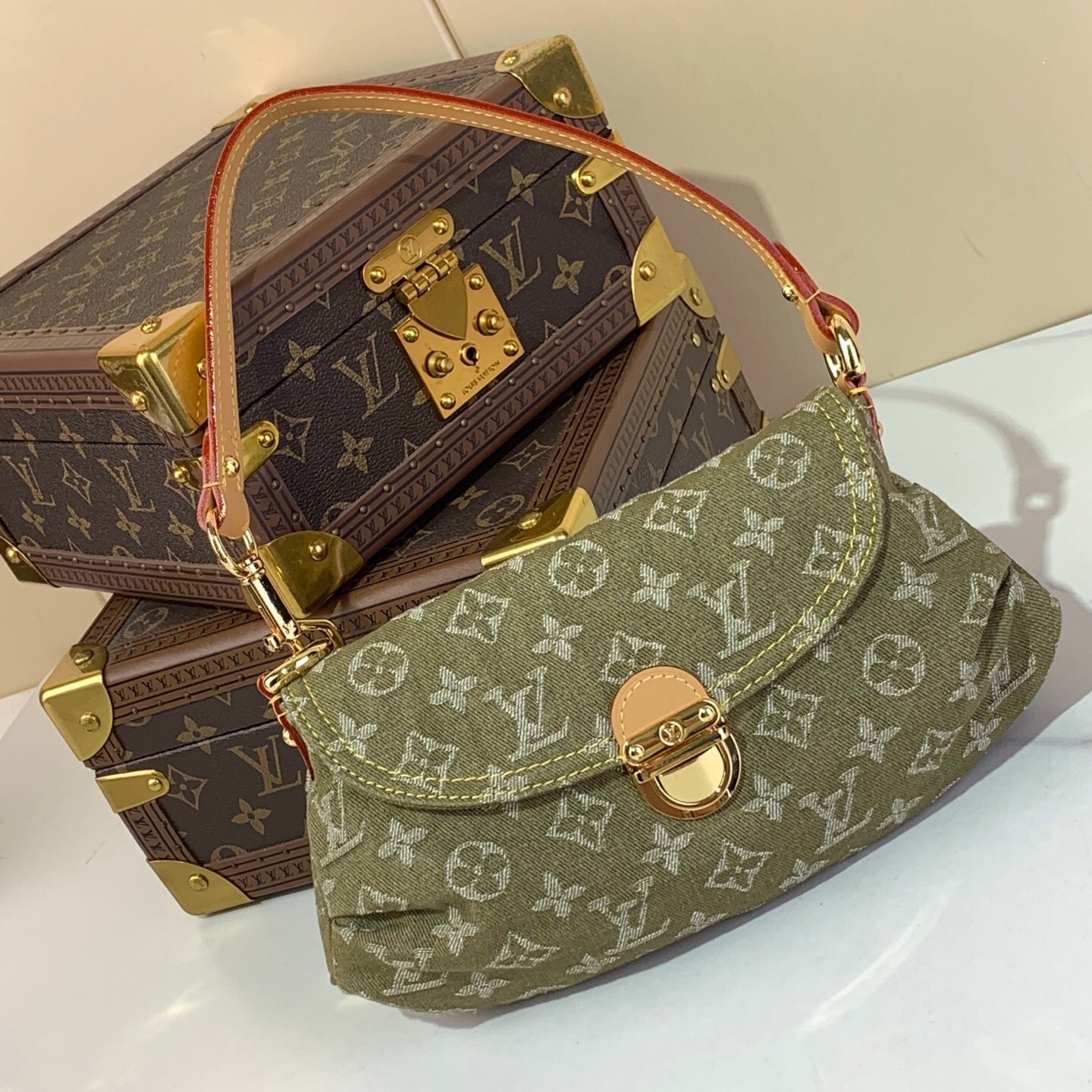 LV Green Denim Monogram Baggy GM Mini Pleaty Bag.