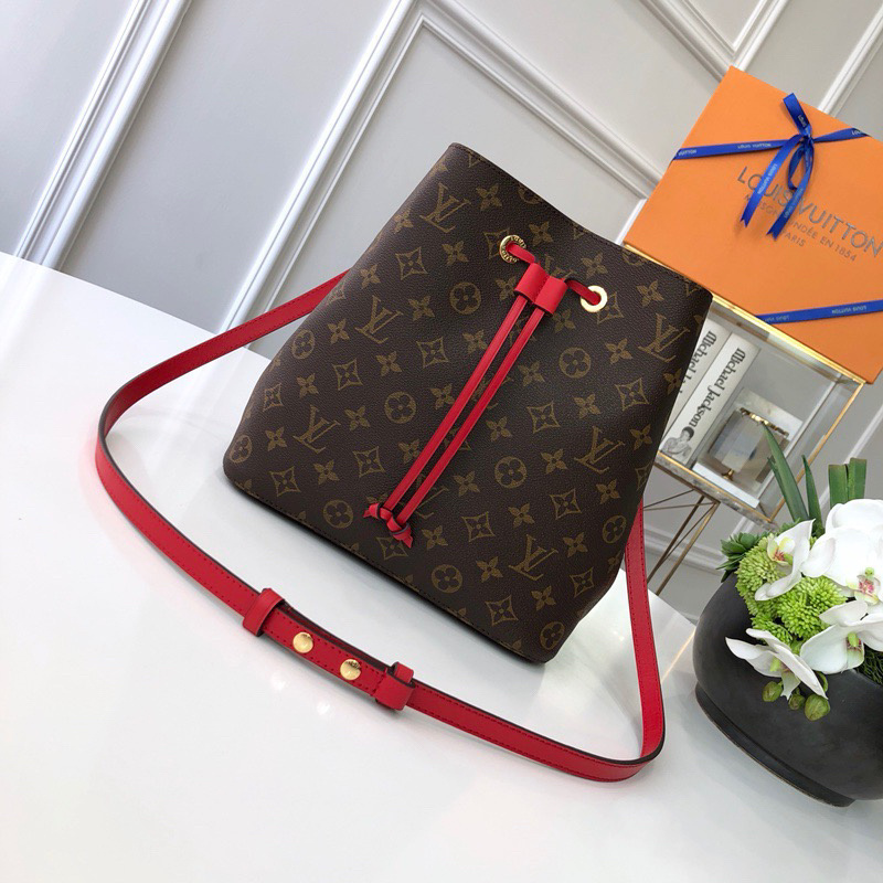 LV NeoNoe bucket bag in Monogram canvas with red leather trim