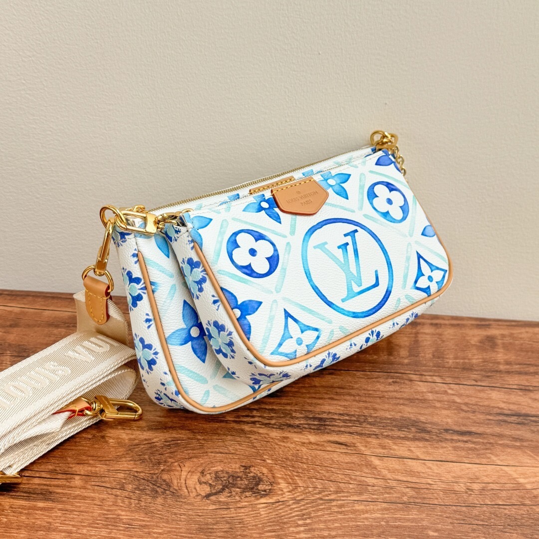 LV Multi Pochette Multi Pochette Accessoires handbag a blue and white monogram pattern.