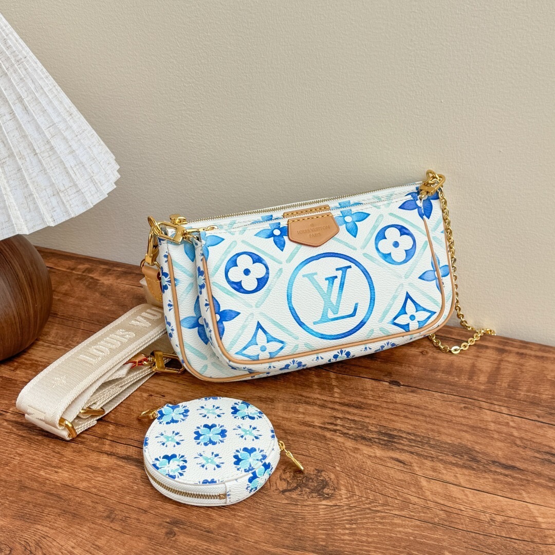 LV Multi Pochette Multi Pochette Accessoires handbag a blue and white monogram pattern.