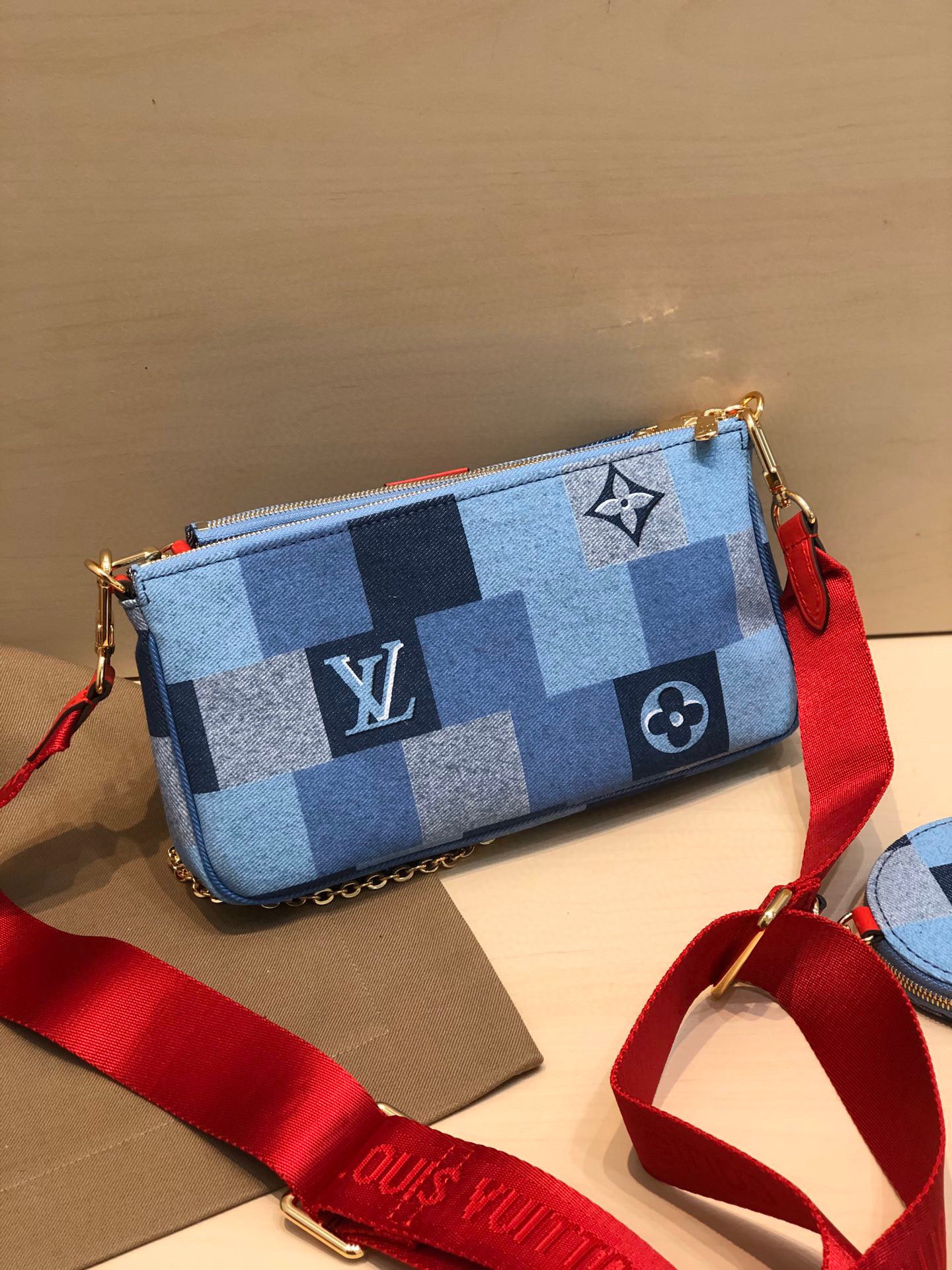 LV Blue Denim Damier Monogram Patchwork Multi-Pochette Accessoires bag