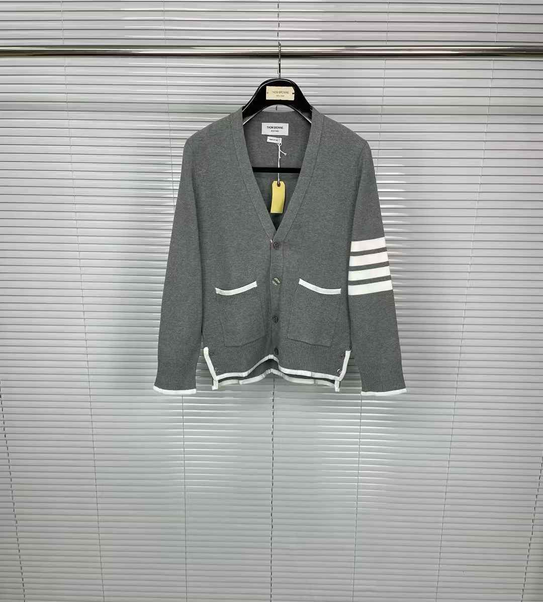 Thom Browne 4 Bar Stripe Grosgrain Tipping Cardigan Grey