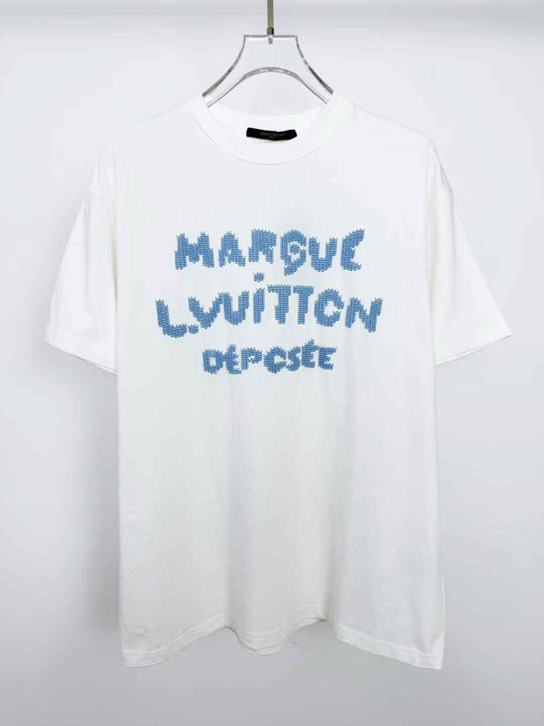 LV Embroidered Signature T-Shirt in white with pale blue lettering