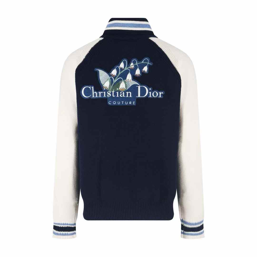Christian Dior Couture Lily of the Valley varsity cardigan in blue and beige felted wool jersey.