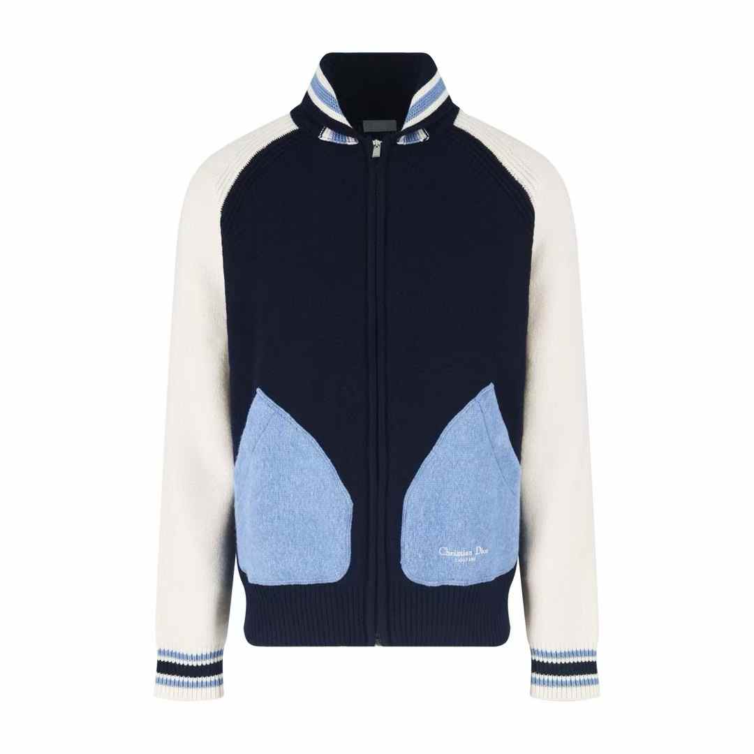 Christian Dior Couture Lily of the Valley varsity cardigan in blue and beige felted wool jersey.