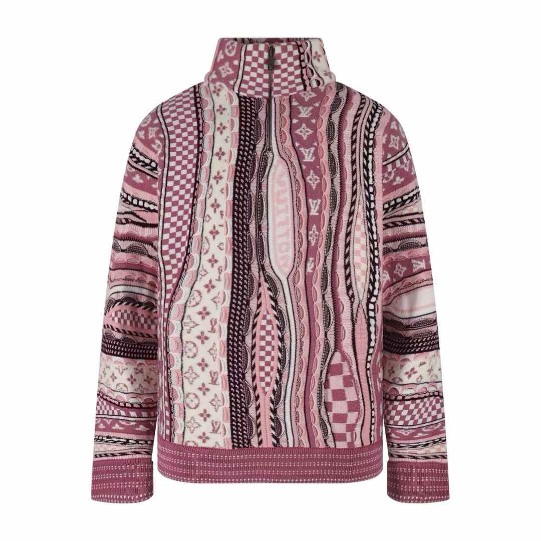 LV x Nigo Monogram Jacquard Knit Half-Zip Pullover Sweater in pale pink