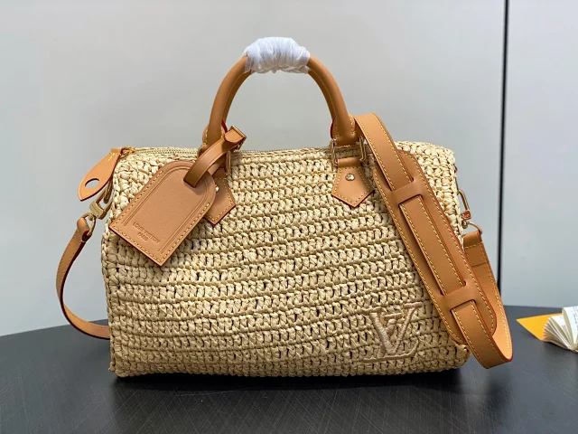 LV apricot raffia woven speedy pillow bag